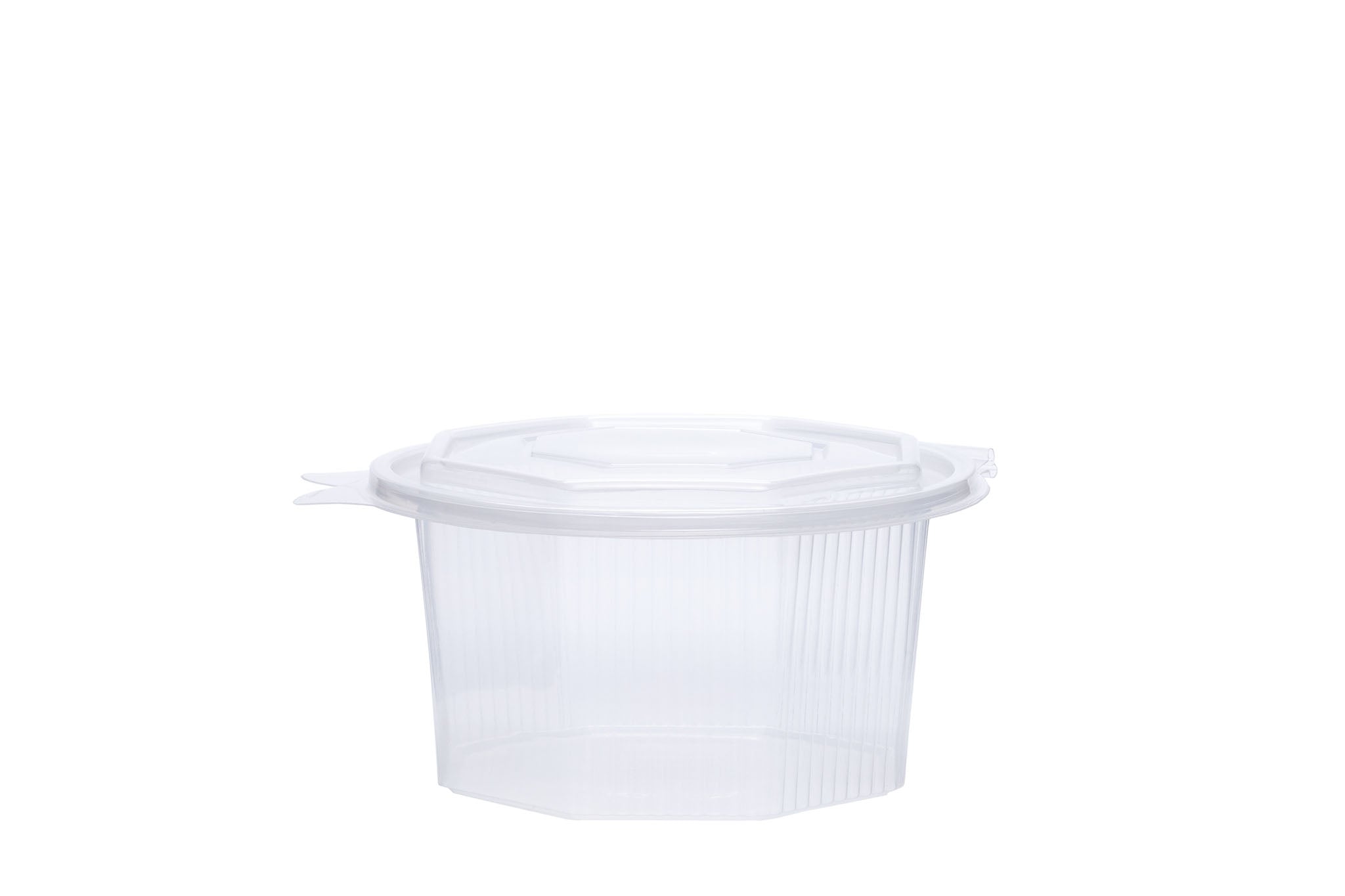 Feinkostbecher mit angehängtem Deckel, transparent, 1000 ml, 8-eckig, ⌀ 15,5 cm, Höhe 8 cm